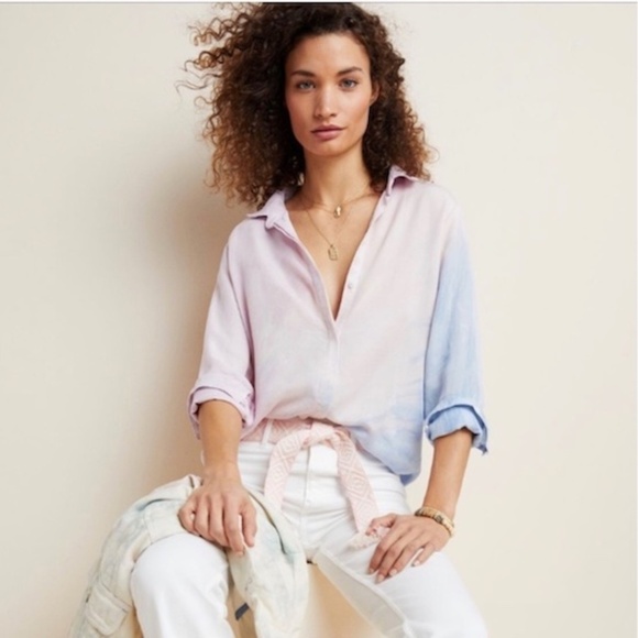 Anthropologie Cloth & Stone Dip Dye Blue Pink Button Down shirt Sz M - Picture 1 of 14